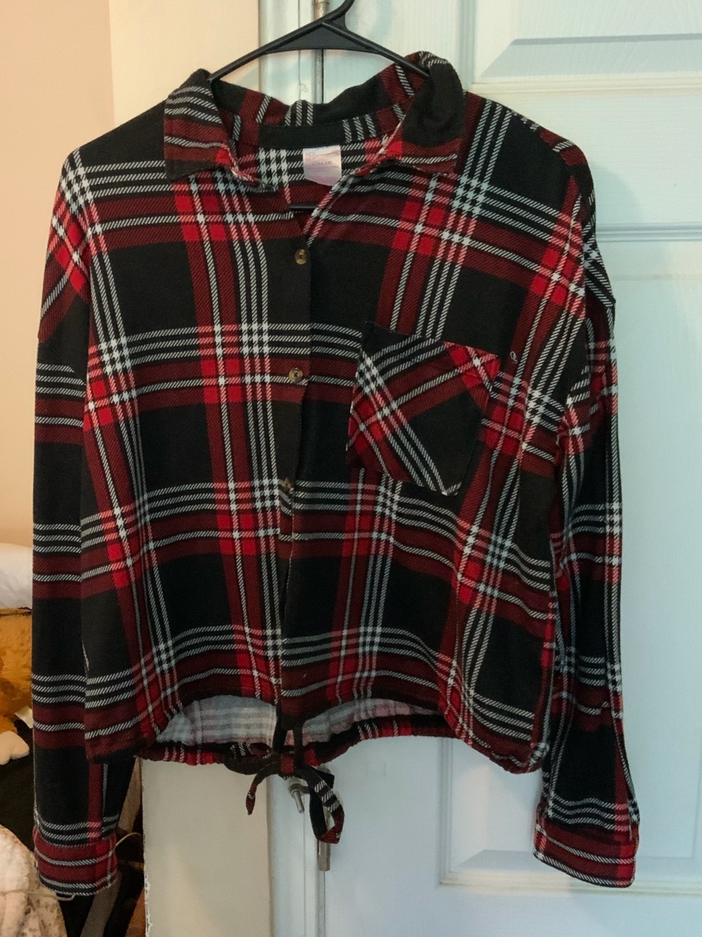 No Boundaries Red and Black Plaid Tie-Hem Button-Down Shirt